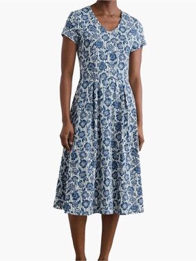 Blue Floral V-Neck Short Sleeve Midi Dress